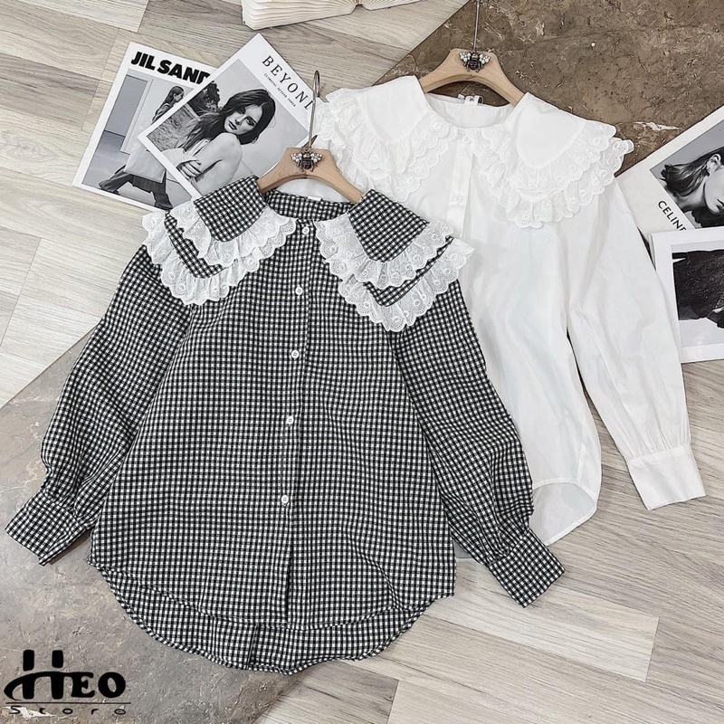 ÁO SƠ MI CỔ SEN 2 LÁ PHỐI REN BÁNH BÈO - 2 MÀU [ Ảnh Thật ]