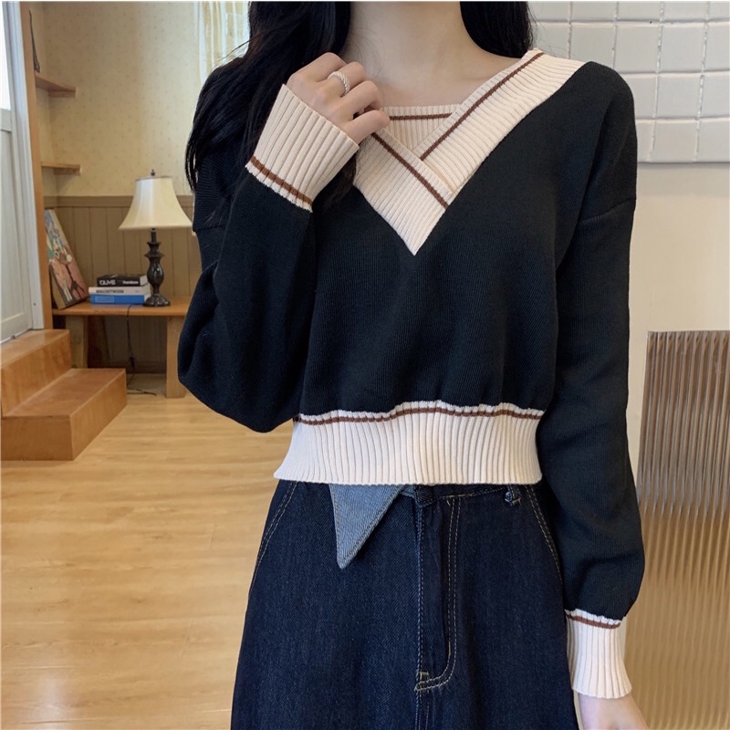 Áo len nữ dài tay áo len croptop thuỷ thủ cho nữ đầu mùa thu đông 2022 thiết kế dài tay chất len dệt kim