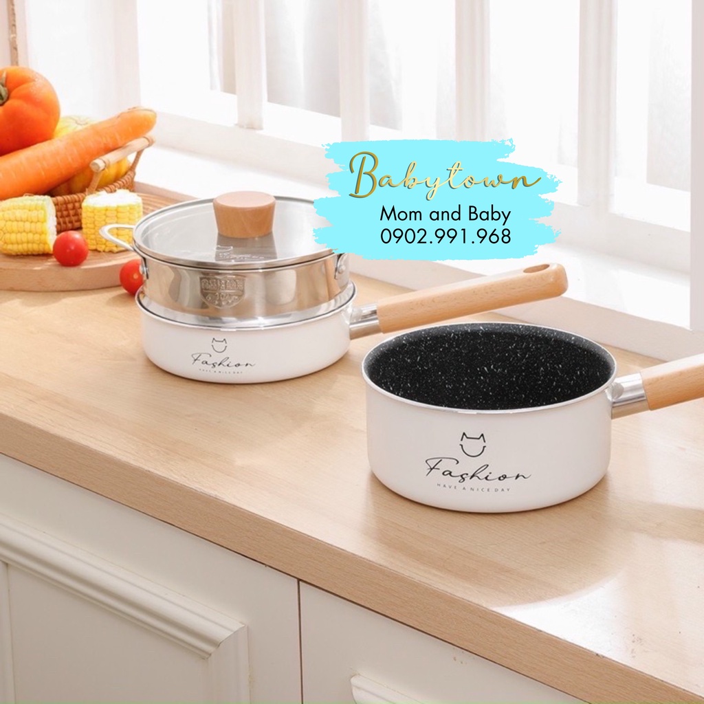 Bộ Nồi Chảo Cho Bé Ăn Dặm, Nồi Chảo Nấu Quấy Fashion Mèo Cao Cấp, Men Đá Chống Dính, Kèm Xửng Hấp