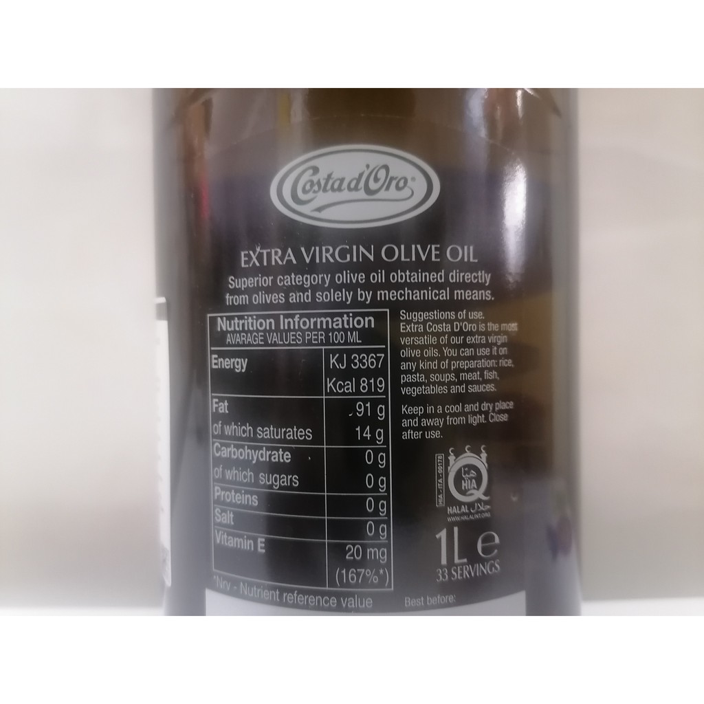 [1 Lít – Extra Virgin] Dầu ô liu nguyên chất [Italia] COSTAD’ORO Olive Oil (halal) (gfd-hk5)