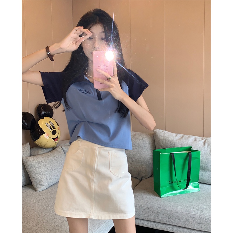 622211#Áo Thun Polo Tay Ngắn Dáng Ôm Màu Sắc Tương Phản In Chữ Thời Trang Mùa Hè 2022 Dành Cho Bạn Nữ