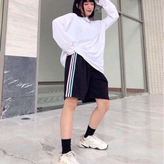 Quần Short 3 Sọc Phối Màu Thun Ulzzang Rainbow Nam Nữ - Quần Short Đùi Sôc ống rộng cạp chun Thun 3 Line Color