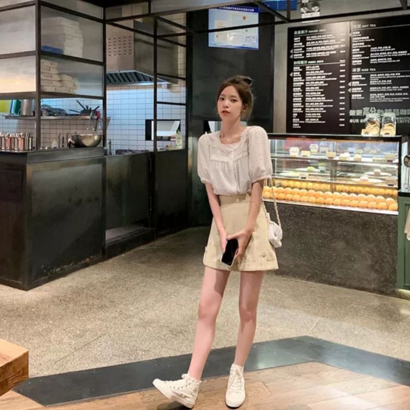 áo sơ mi cộc tay cổ vuông phối ren tiểu thư ảnh thật