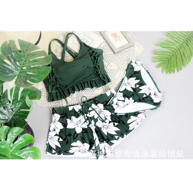 Đồ bơi Bikini 3 chi tiết màu xanh lá quần hoạt tiết hoa | BigBuy360 - bigbuy360.vn