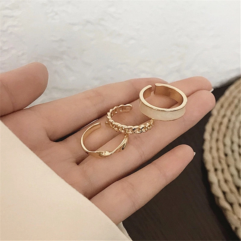 3Pcs/set Simple Wide White Enamel Round Metal Ring/Trendy Temperament Index Finger Gold Rings/Adjustable Open Ring Set for Women Jewelry Party Girlfriends Gift