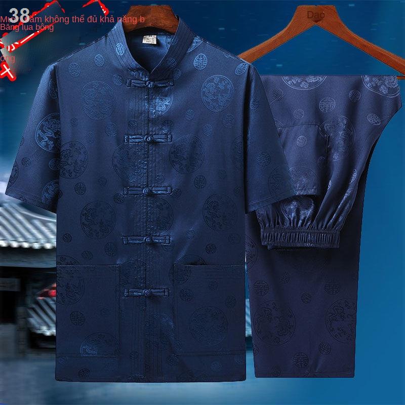 【HOT】♛▩☁Người trung niên và cao tuổi băng lụa cotton vải lanh Phù hợp với quần áo nam giới rộng rãi giản dị tập thể dục