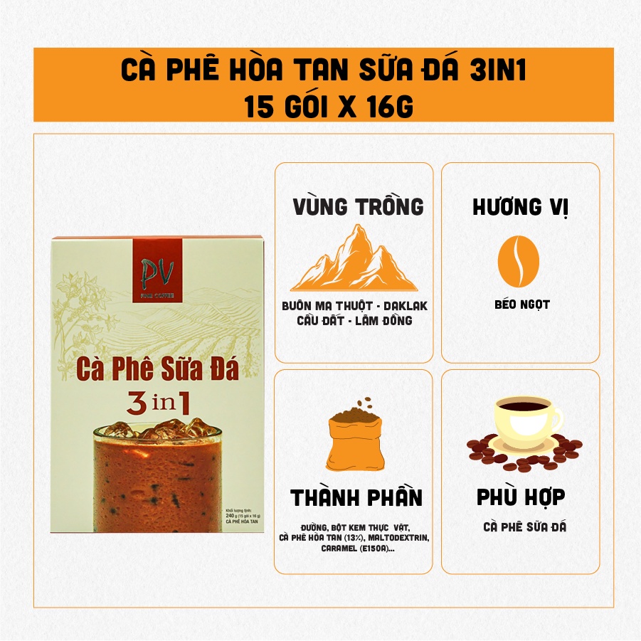 Cà Phê Hoà Tan - Cà Phê Sữa Đá 3 in 1 - 15 gói x 16g - Phương Vy Coffee