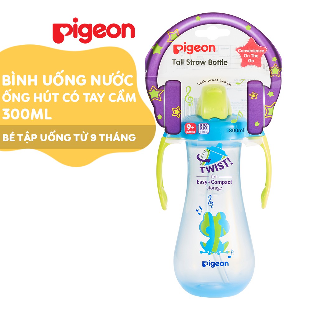 Bình Uống Nước Ống Hút Có Tay Cầm Pigeon 300ml - Màu Xanh/ Hồng