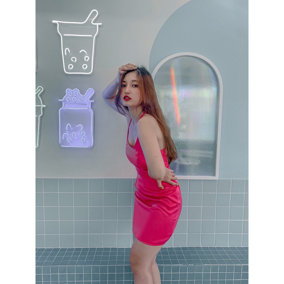 ROT BBNMK VÁY ĐẦM hai DÂY VẢI LỤA TAFTA SIZE S,M mang MÚT NGỰC, DÂY ĐAN SAU LƯNG MÀU HỒNG - NEON 4 ROT