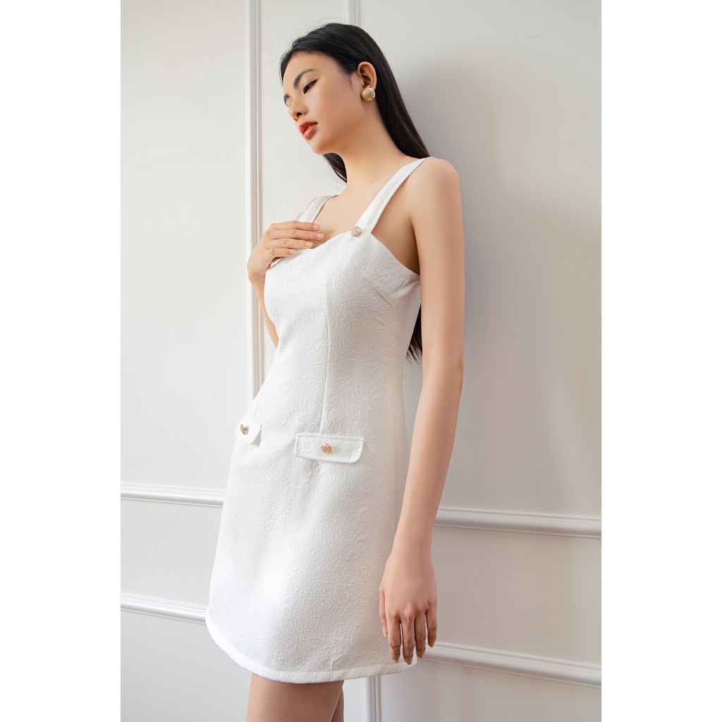 Đầm trắng hai dây đính nút cách điệu EDINI - D1470