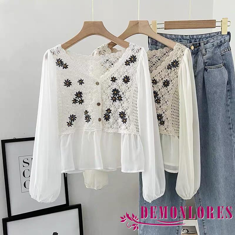 Áo Sơ Mi Chiffon Tay Dài Cổ Chữ V Thêu Hoa Thời Trang Mùa Thu Cho Nữ
