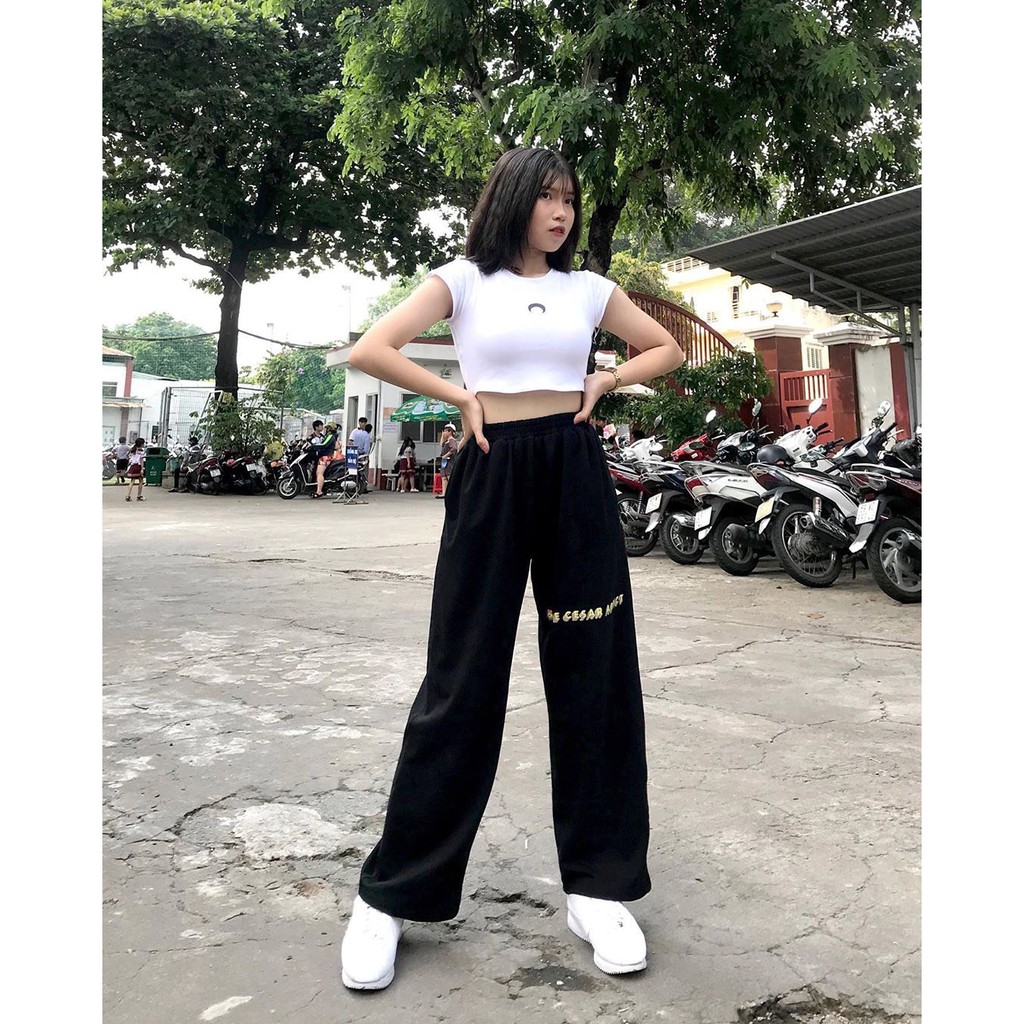 CESAR PANT - QUẦN NỈ SUÔNG CULLOTE HOA KAIKAI IN CHỮ MÀU XÁM ĐEN ULZZANG - QUẦN NỈ BÔNG BLACK GREY HOT