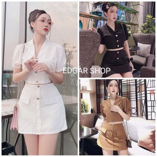 Set vest áo crop chân váy nút, video hình thật