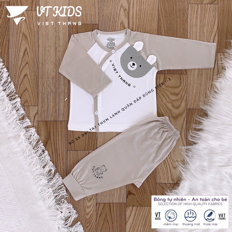 Bộ dài tay cho bé vải thun lạnh mềm mướt hình gấu siêu xinh - đồ sơ sinh - áo cài chéo quần đáp đũng