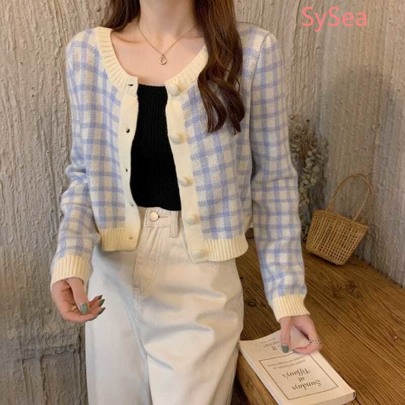 Áo Khoác Cardigan Dệt Kim Kẻ Sọc Caro Phong Cách Hàn Quốc Cho Nữ