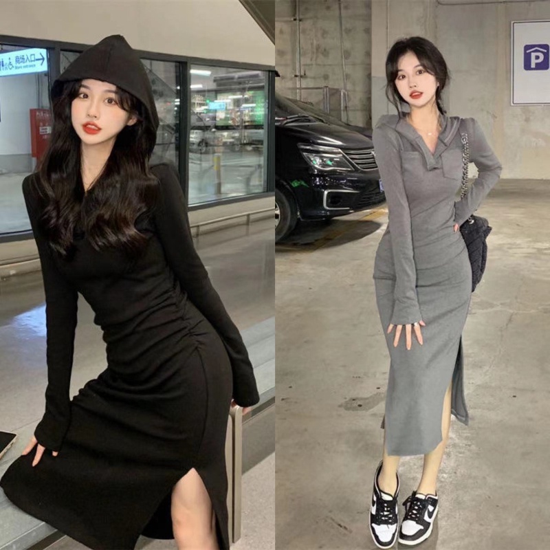COZOK Đầm Hoodie Tay Dài Dáng Ôm Xẻ Tà Cá Tính Thời Trang Cho Nữ