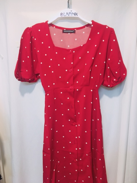 🍒Đầm cổ vuông bi đỏ tay phồng thắt nơ eo cùng với cardi dress 🎁 Ảnh thật | BigBuy360 - bigbuy360.vn