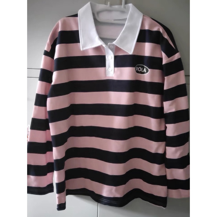 [ORDER] Áo thun nữ tay dài sọc đen tím có cổ áo polo ulzzang