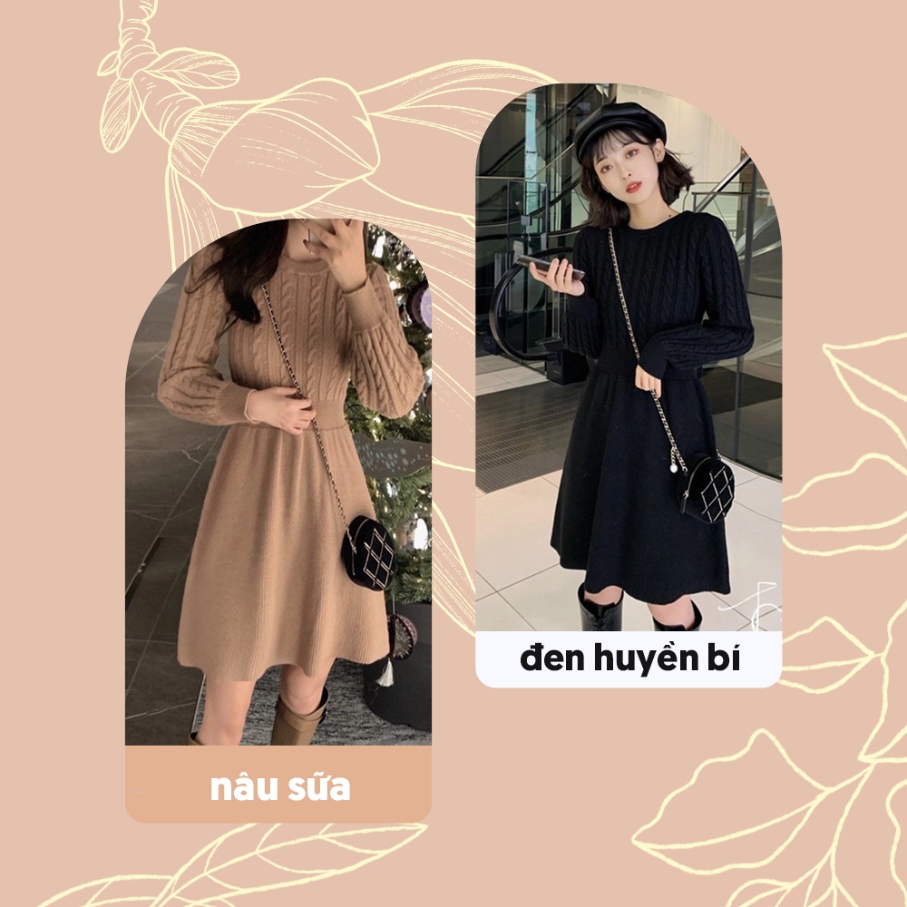 Váy / đầm len dáng xòe dài tay ôm dáng cổ tròn dày dặn ấm áp thời trang thu đông V00188