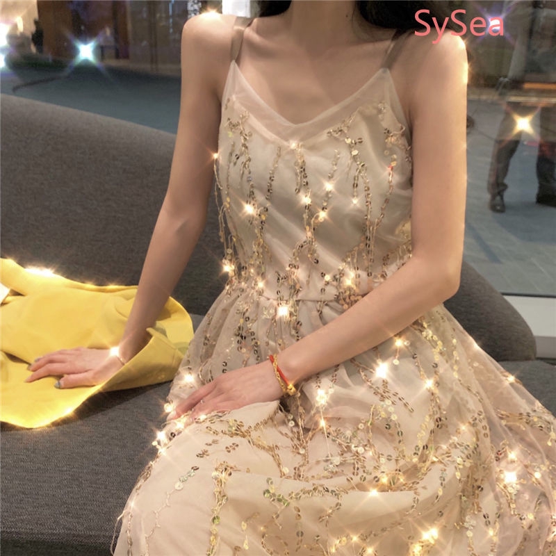 Đầm Maxi Cổ Chữ V Đính Kim Sa Gợi Cảm Cho Nữ