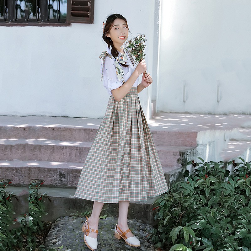 Bộ Áo Cổ Đứng Thêu Họa Tiết + Chân Váy Ca Rô Xinh Xắn Theo Phong Cách Trung Hoa Dành Cho Nữ