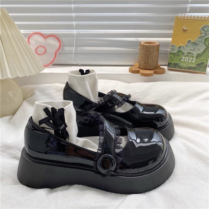 Giày lolita nữ gắn nơ đế cao 4cm,Giày da ulzzang nữ phong cách Hàn Quốc LT80