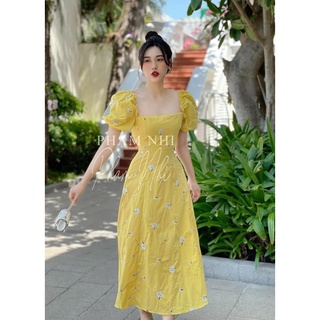 Đầm hoa bồ công anh màu vàng dáng dài