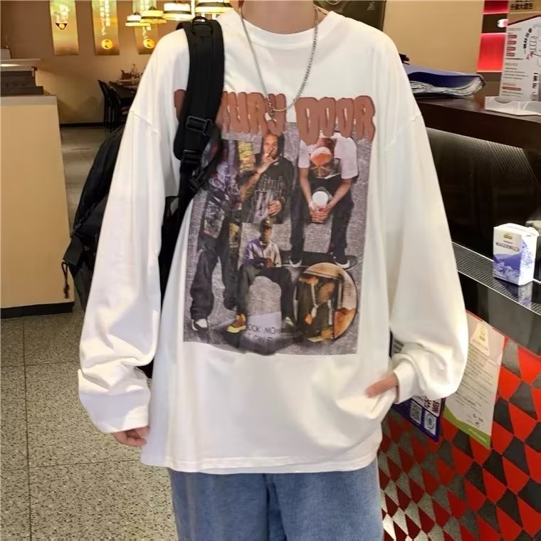 Áo Thun Tay Dài Cổ Tròn Dáng Rộng In Chữ Phong Cách Hip Hop Hàn Quốc Thời Trang Cho Nam Size M-5XL