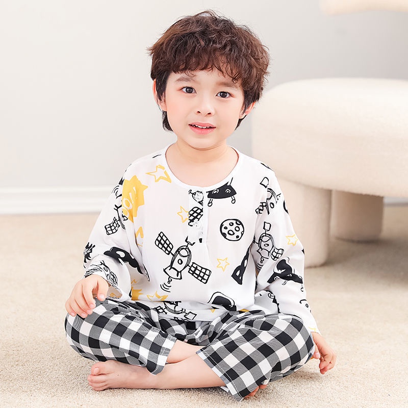 Bộ Đồ Ngủ Bằng Lụa cotton Lụa Mỏng Tay Dài Thời Trang Dành Cho Bé Trai