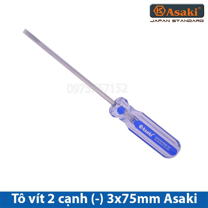 Tô vít 2 cạnh - Tuốc nơ vít đầu dẹp 3x75mm cán cứng nhựa trong Asaki giocongcu