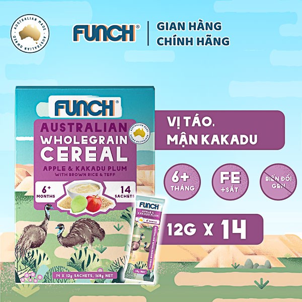 Bột Ăn Dặm Cho Bé Từ 6 Tháng  FUNCH Ngũ Cốc Nguyên Cám Gạo Lứt, Hạt Teff, Trái Cây Hộp 14 gói 168g