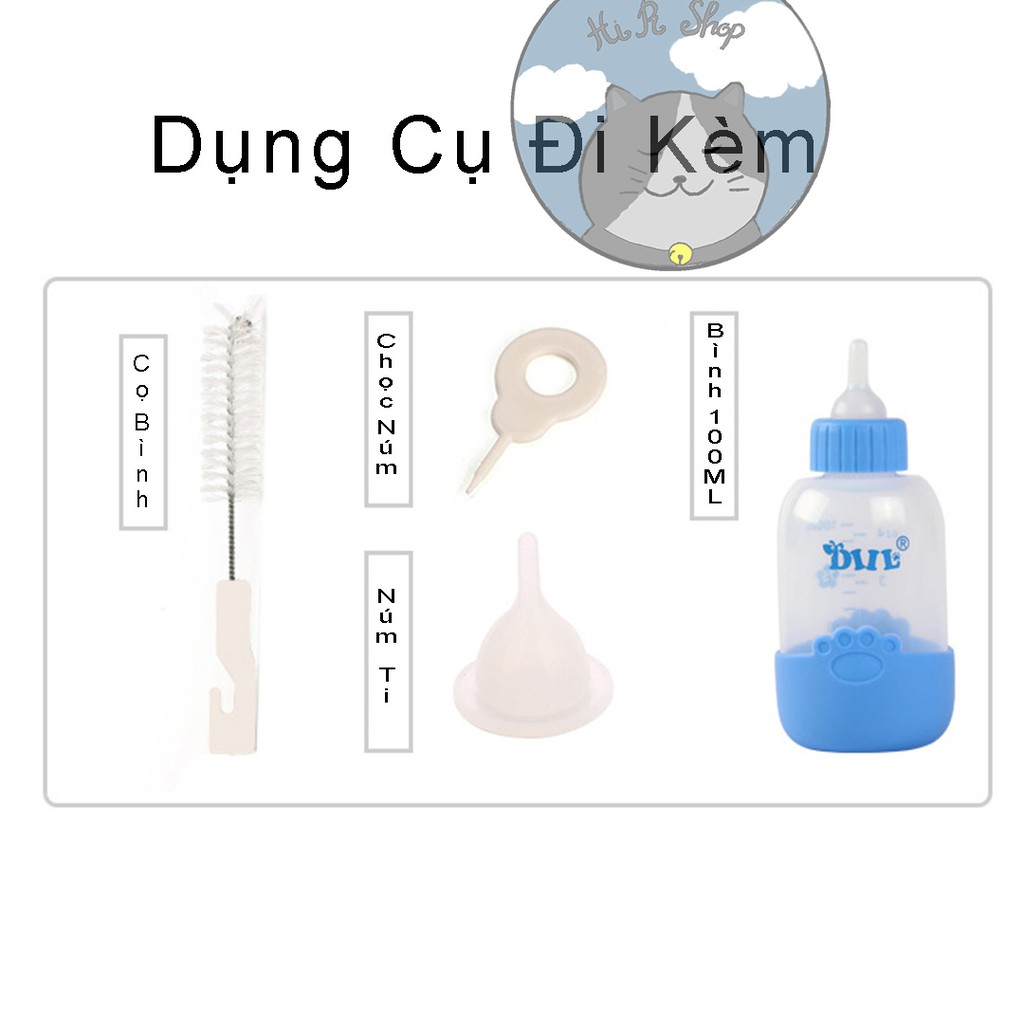 [FullBox] Bình Sữa DIIL Chó Chó Mèo Sơ Sinh Có Đế Giữ Chống Trơn Dung Tích 100ml Kèm 3 Núm Ti Với Cây Cọ Bình Sữa