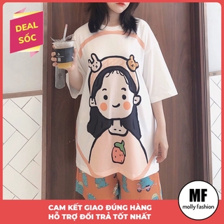 Set bộ cartoon hoạt hình Girl dâu form rộng Unisex Molly Fashion