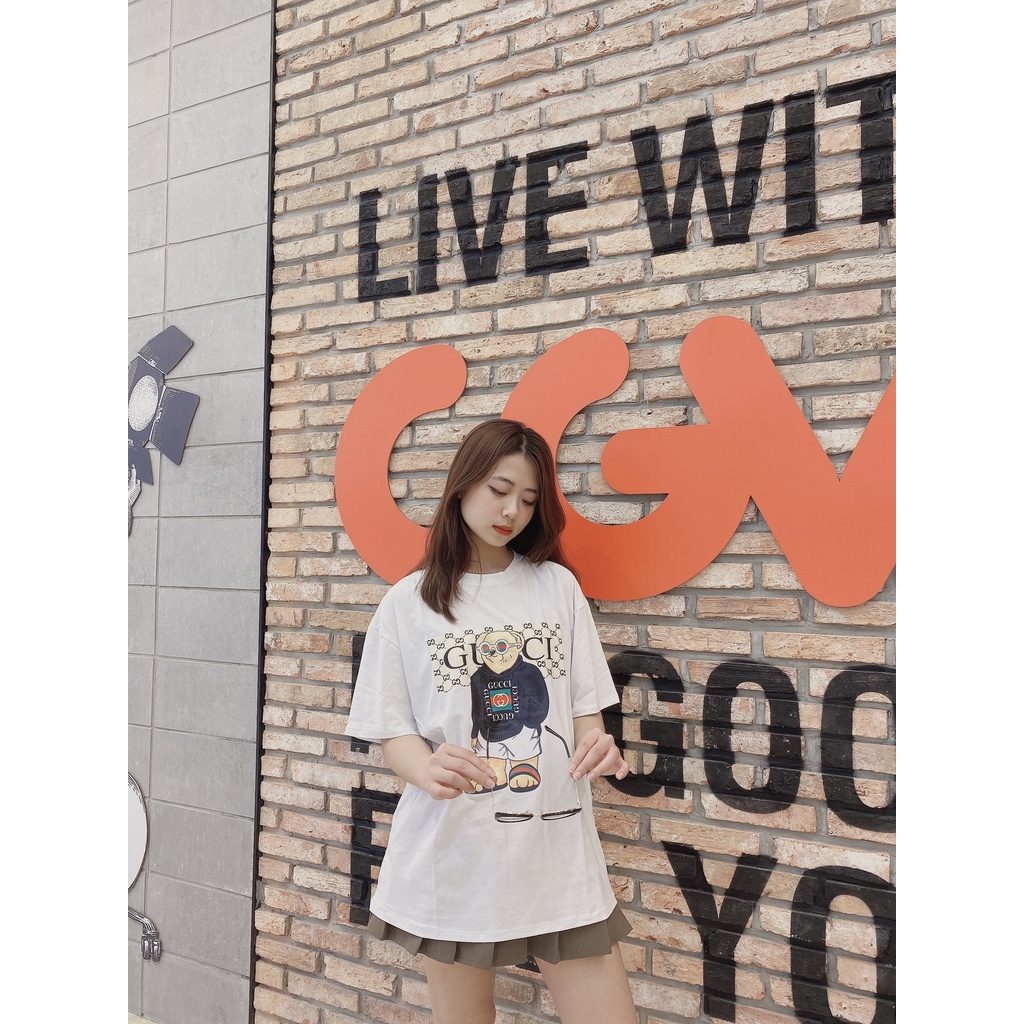 Áo phông cotton nữ 3158 hình Gu.cci Bear, vải 100% cotton lạnh chất dày form rộng unisex dấu quần FFSTORE