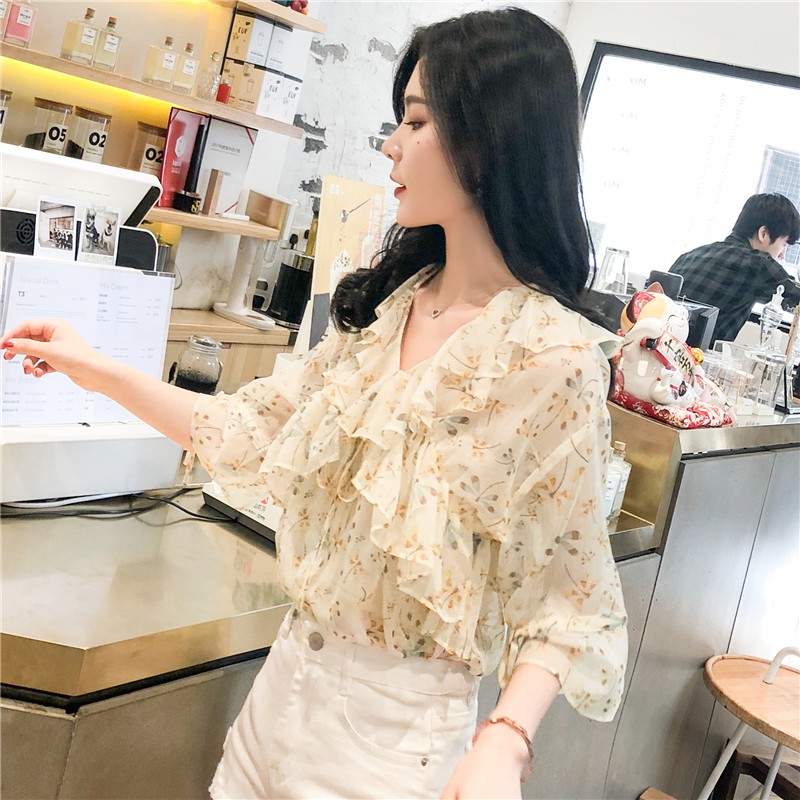 (HÀNG SẴN + ODER) Áo sơ mi hoa bèo cổ cách điệu