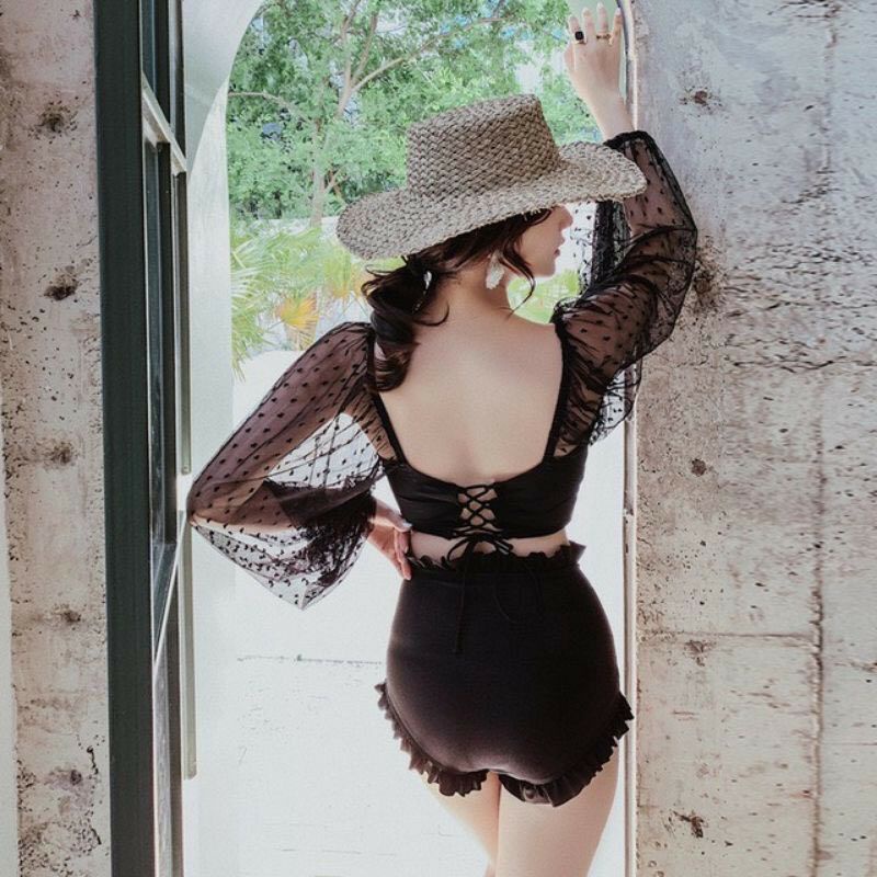 Bikini đồ bơi đi biển áo crop tay phồng lưới