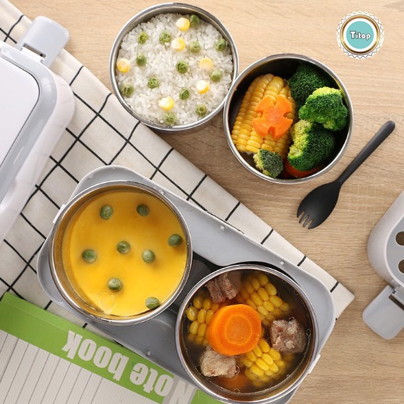 Hộp Cơm Cắm Điện 2 Tầng Cắm Điện Đa Năng, Hâm Nóng Và Tự Nấu Chín Thức Ăn Với 4 Hộp Inox Tiện Lợi