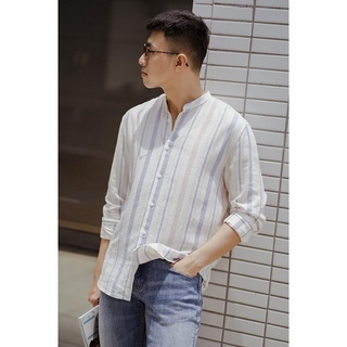 Áo Sơ mi cổ trụ nam kẻ sọc vải linen tone màu pastel form Regular SHL035 | LASTORE MENSWEAR