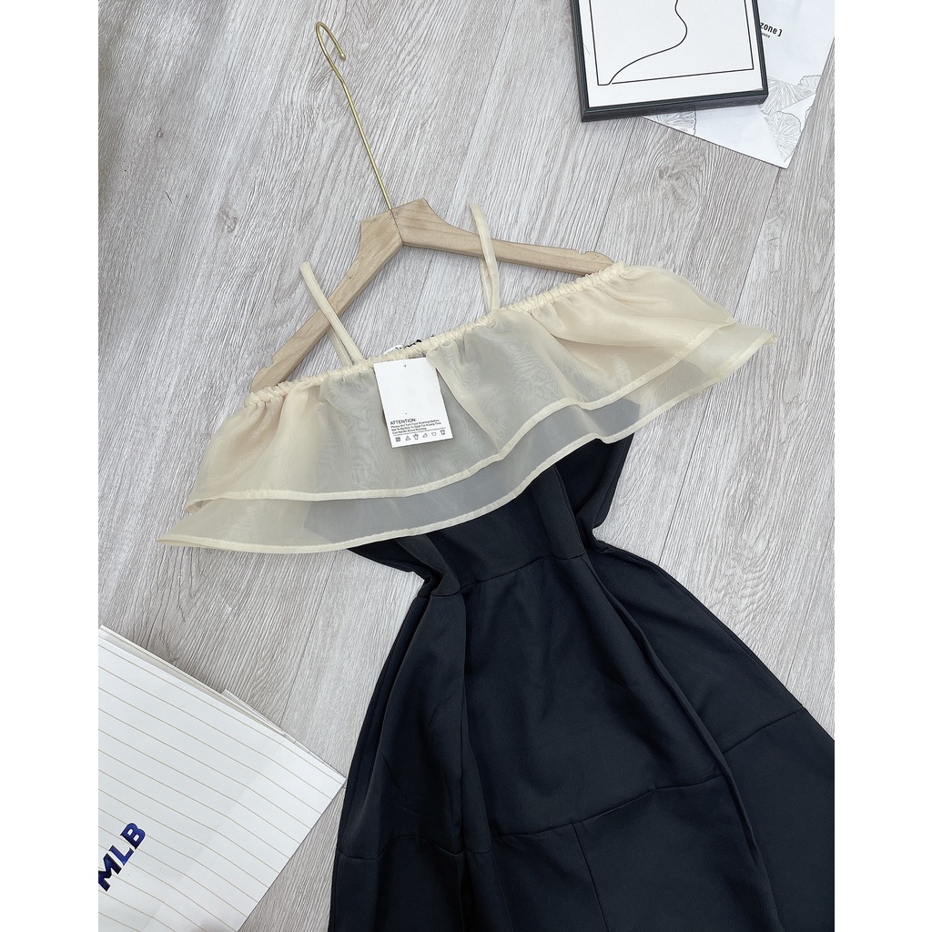 [8.8 Sales Freeship] Đầm đen 2 dây trễ vai phối voan bèo, đầm bẹt vai dáng xòe đi cưới, dự tiệc sang trọng