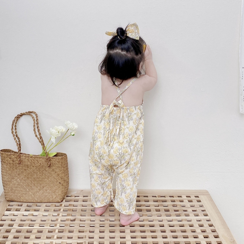 Set áo liền quần + băng đô in họa tiết hoa phong cách Hàn Quốc dành cho trẻ em