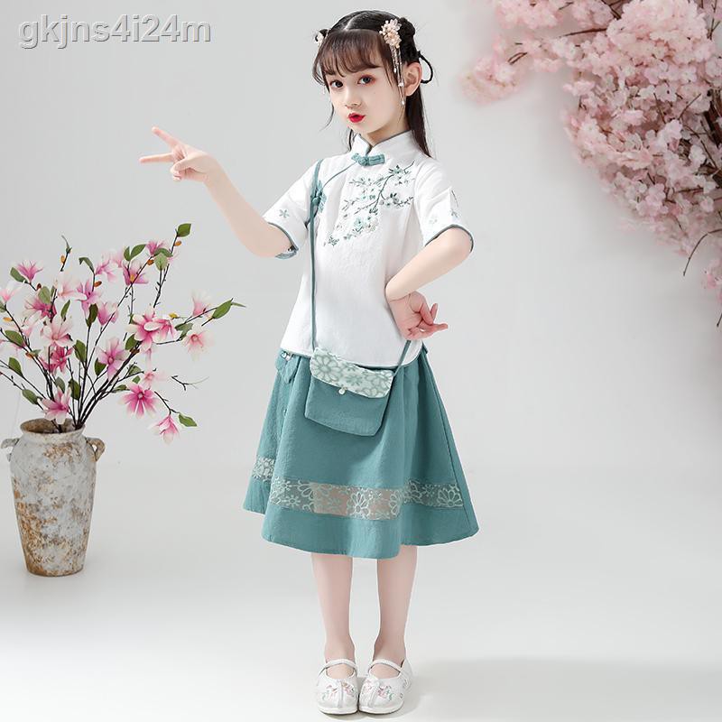 Trang phục trẻ em Hanfu của cô gái 2020 kiểu mới cotton và lanh kiểu Trung Quốc ngắn -cô gái 12 tuổi phù hợp với mùa hè