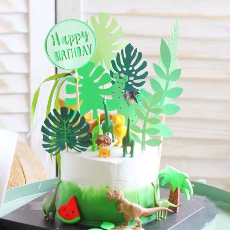 Set 13 Phụ Kiện Trang Trí Bánh Kem Hình Khủng Long Lá Cọ Xanh Nhiệt Đới