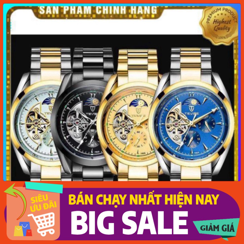 SIÊU PHẨM [ Freeship ] Đồng hồ nam tevise chính hãng automatic 795A dây thép nguyên khối (tặng kèm hộp , phụ kiện thâu d