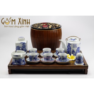 Bao ủ_Giỏ ủ ấm kèm bộ ấm tích Bát Tràng 0.75 lít men Lam Cổ kèm phụ kiện