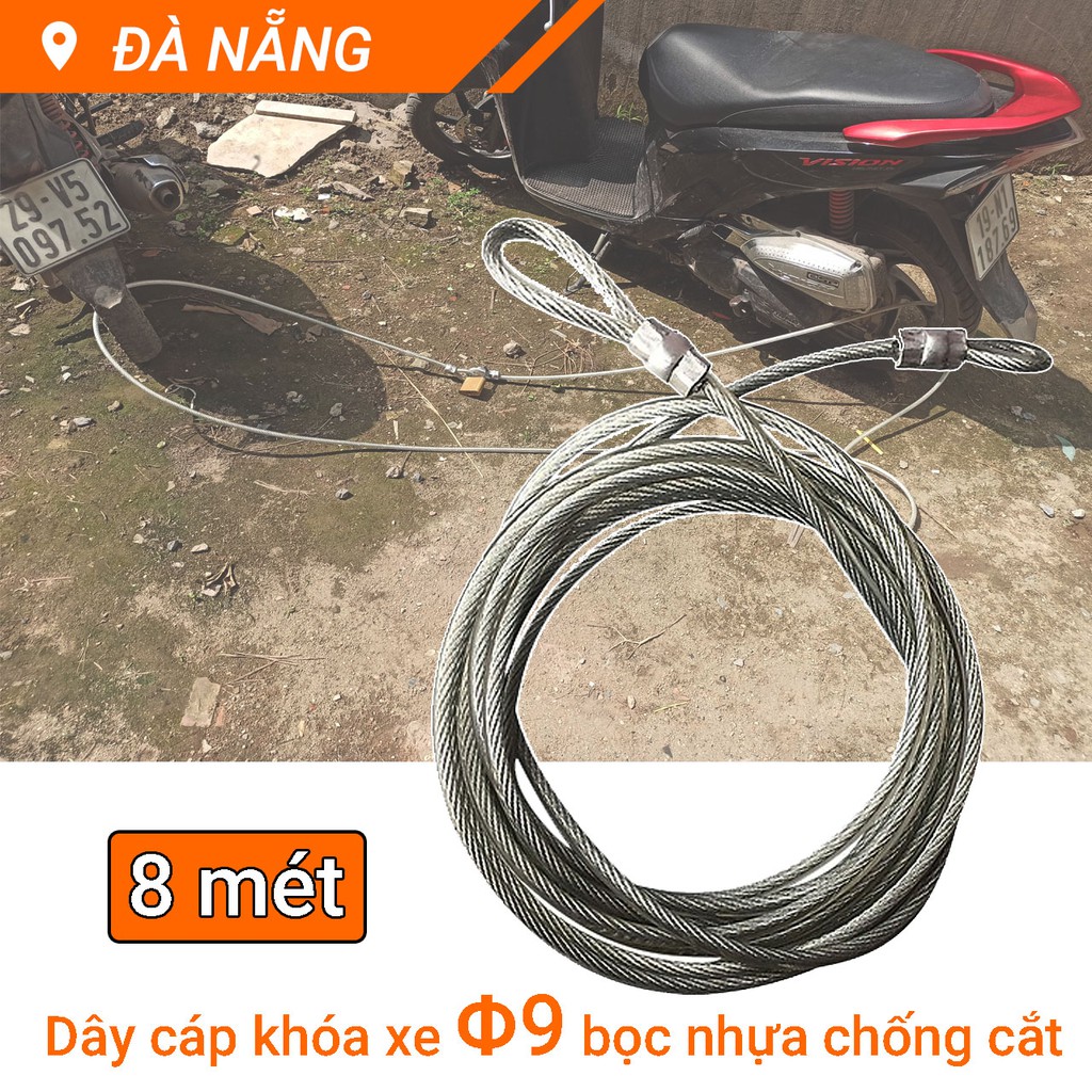 Dây cáp khóa xe máy lõi Φ9 ly chống cắt bọc nhựa dài 8m