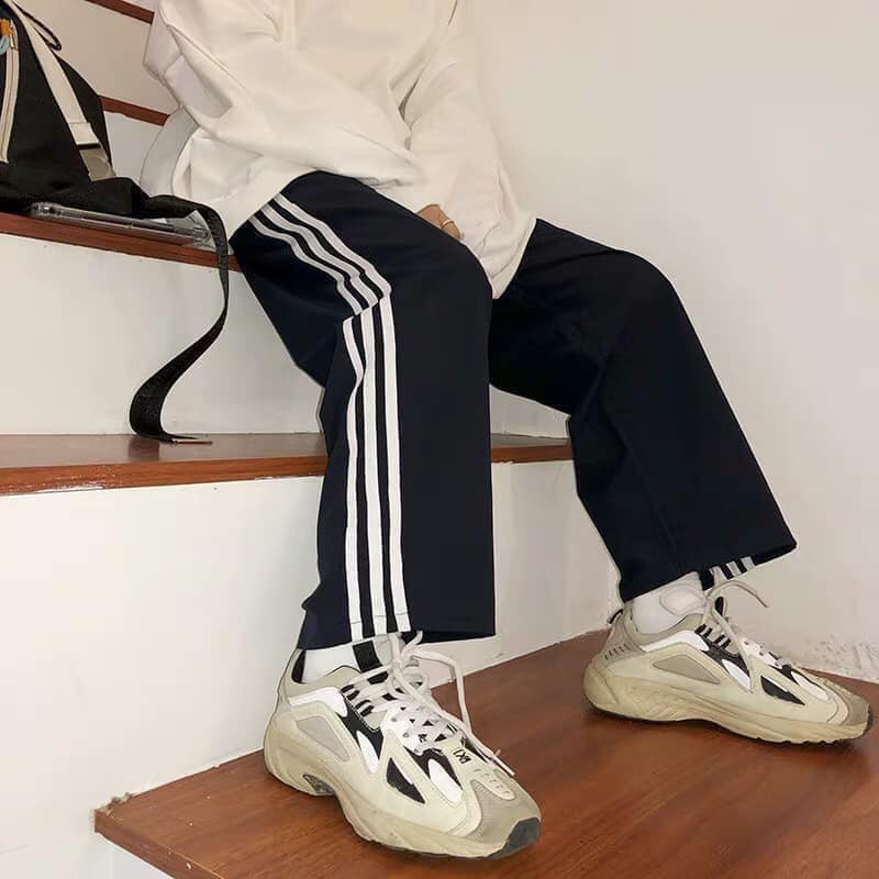 Quần ống rộng 3line Lylyshop Unisex, quần ống suông 3 sọc trắng thể dục phong cách unisex cạp chun có dây rút dễ mặc | BigBuy360 - bigbuy360.vn