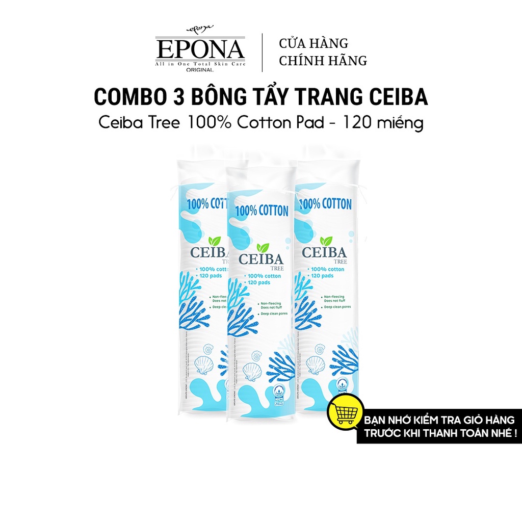 Combo 3 Bông Tẩy Trang Ceiba 100% Cotton Siêu Tiết Kiệm Dung Dịch 120 Miếng x3