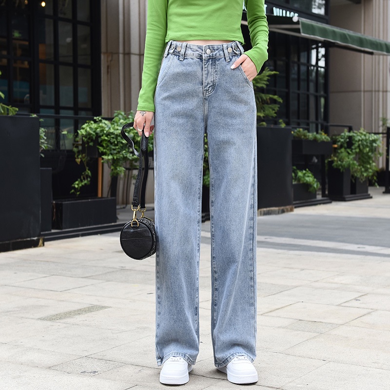 IELGY    Quần Jean Ống Rộng Lưng Cao Mềm Mại Dành Cho Nữ