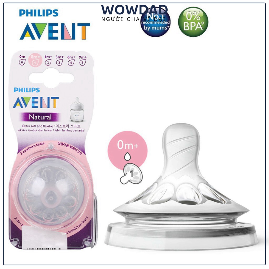 Núm ti silicone Philips Avent Natural cho trẻ sơ sinh (Vỉ 2 núm)  WOWDAD