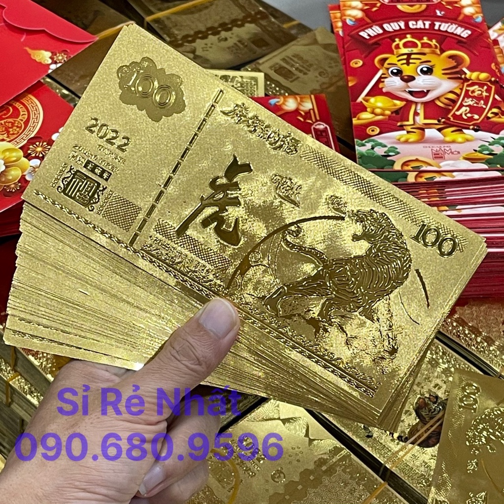 Combo 100 Tờ Tiền Plastic Mạ Vàng Mẫu 1 Con Cọp - Hổ Gầm, Lì Xì Tết